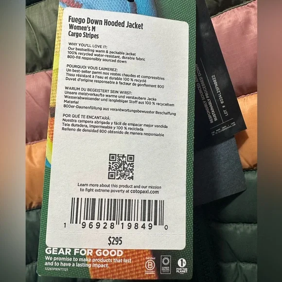 Cotopaxi Fuego Down Hooded Jacket - Cargo Stripes. Women’s Medium Size. NWT - Picture 5 of 6